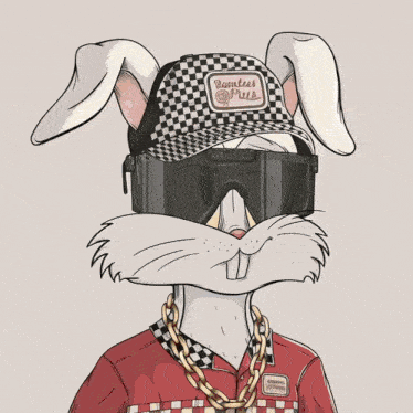 a cartoon of a bunny wearing a hat that says seamless pizza