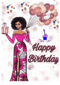 a birthday card with a woman in a pink dress holding balloons and a gift box .