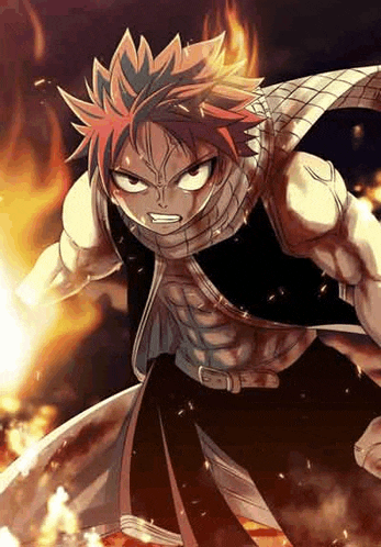 natsu from fairy tail is standing in front of a fire and holding a sword .