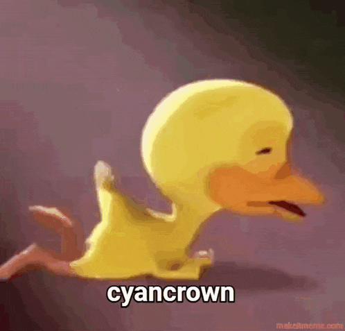 a cartoon duck is running with the words cyancrown written on the bottom .