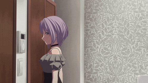 a girl with purple hair stands in front of a floral wallpaper