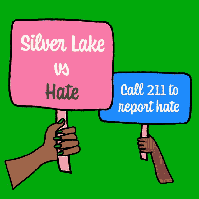 two hands holding signs that say silver lake vs odio