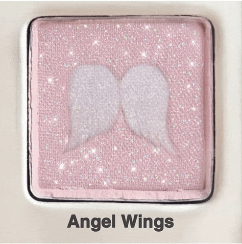 a close up of a pink eyeshadow palette with angel wings on it