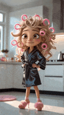 a cartoon girl with curlers in her hair is wearing a black robe