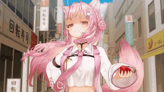a girl with pink hair and a red tail is holding a red heart