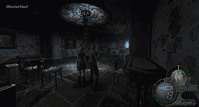 ashley and leon are standing in a dark room with a stained glass ceiling