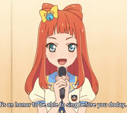 a girl with red hair is holding a microphone and says it 's an honor to be able to sing before you do day