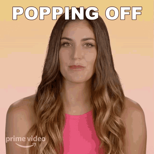 a woman in a pink top with the words popping off on the bottom