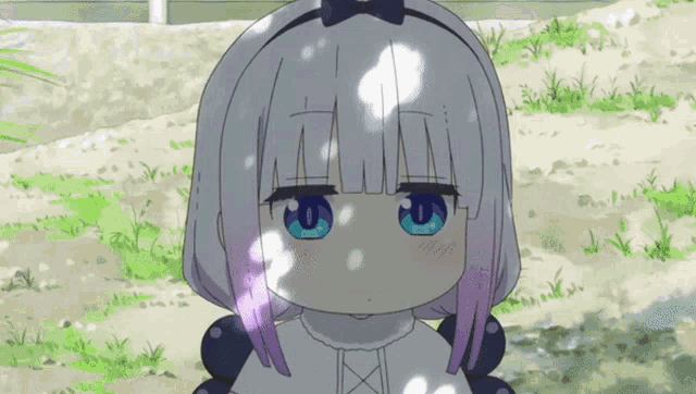 a girl with white hair and blue eyes stands in a field