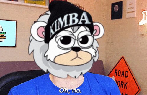 a cartoon bear wearing a kimba beanie says oh no