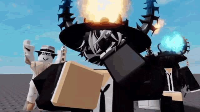 two roblox characters are standing next to each other in front of a fireball