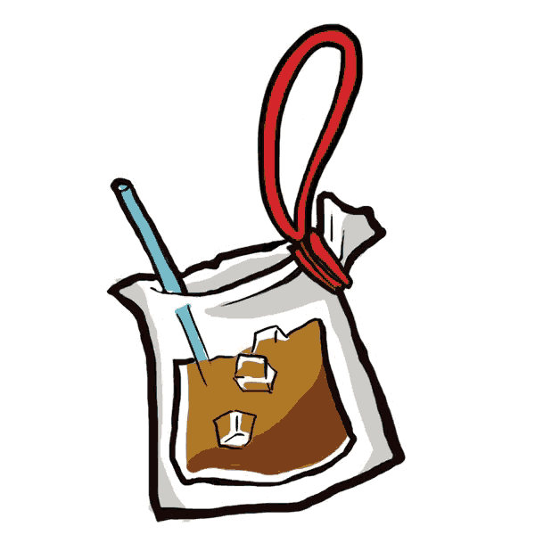 a bag of iced coffee with a straw in it