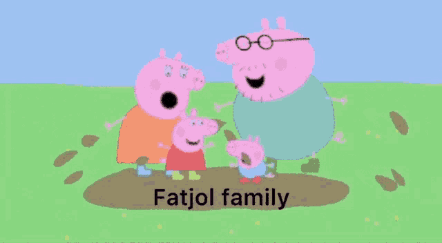 a cartoon of peppa pig and her family standing in a mud puddle
