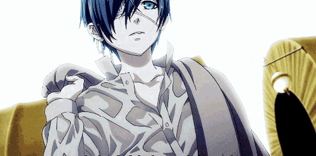 a blue haired anime character with a bandage on his eye is sitting in a chair