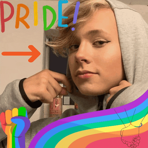 a person wearing a grey hoodie with the word pride written on it
