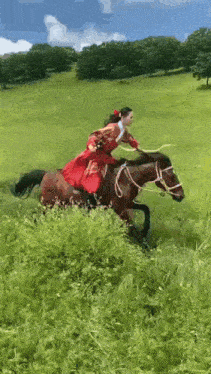 a woman in a red dress is riding a brown horse in a grassy field .