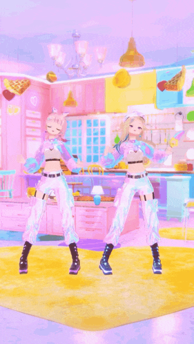 two anime girls are dancing in a kitchen with a pizza in the background