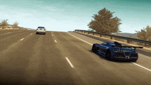 a white car is driving down a highway next to a blue car