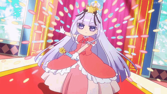 a girl in a pink dress with a crown on her head is holding a wand