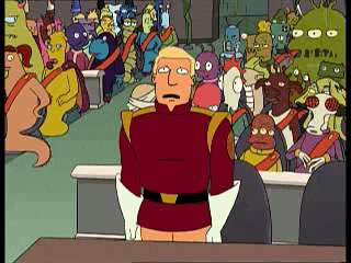 a cartoon of a man standing in front of a crowd of aliens