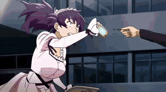 a girl with purple hair is holding a pen and a cell phone