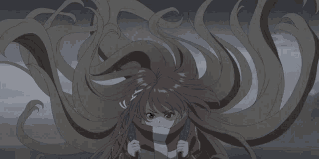 a girl with long hair is holding an umbrella in her hand