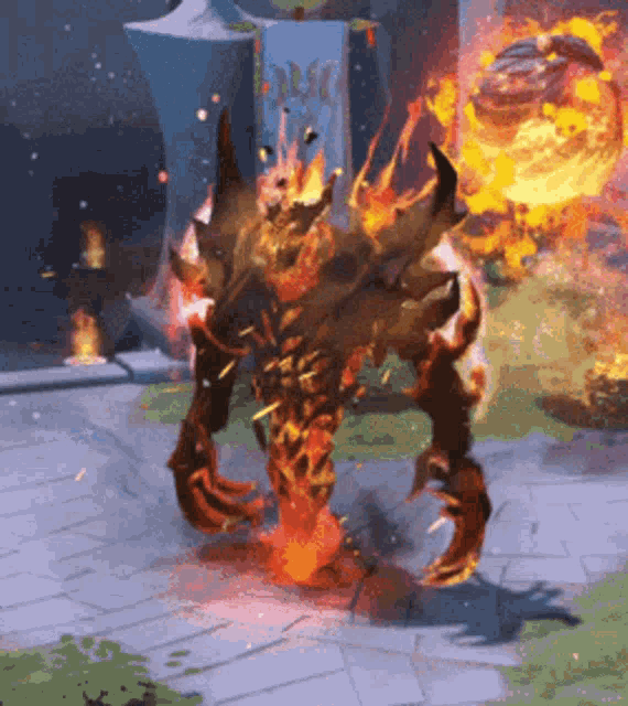 a video game monster is surrounded by fire