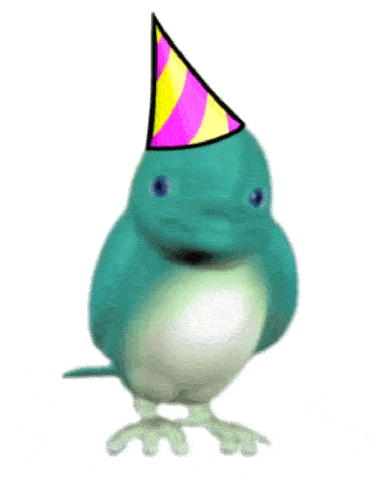a cartoon penguin wearing a party hat is surrounded by confetti
