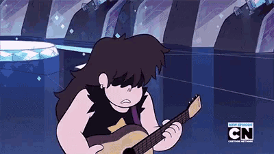 a cartoon character is playing a guitar in a room with cn written on the bottom of the screen .