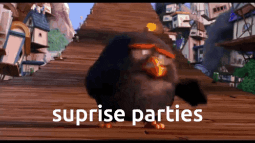 a cartoon penguin with sunglasses and the words suprise parties