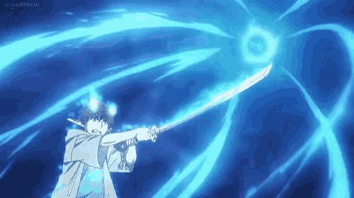 a person holding a sword in front of a blue background that says kissanime on it