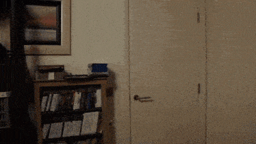 a room with a bookshelf and a door with a picture on the wall above it