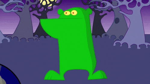 a cartoon of a green monster standing in a dark forest