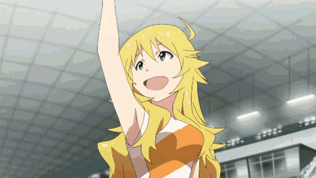 a girl with blonde hair and green eyes is raising her arm