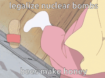 a cartoon of a girl screaming with the words legalize nuclear bombs bees make honey
