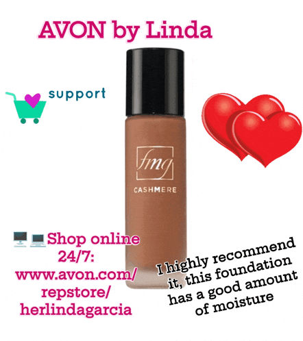 a bottle of avon by linda cashmere foundation with two red hearts