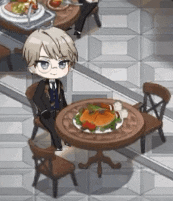 a chibi character is sitting at a table with a plate of food on it .