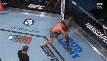 two men are wrestling in a ufc ring with ads for bud light and crypto.com