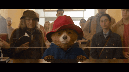 a bear in a red hat stands in front of a crowd