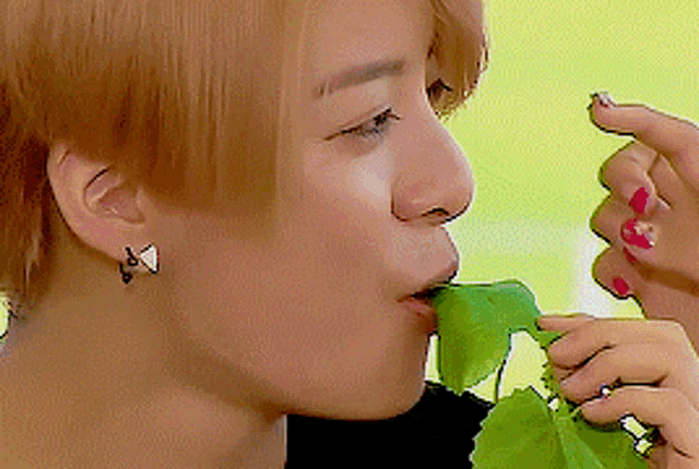 a close up of a person eating a leaf