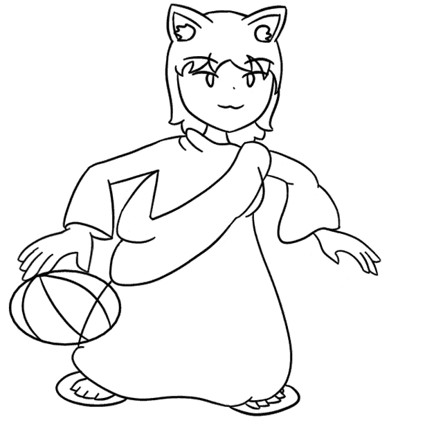 a black and white drawing of a girl wearing a cat costume holding a ball .