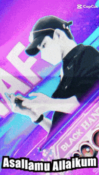 a man wearing a hat and a mask is playing a game on his phone with the words " asalamu allaikum " below him
