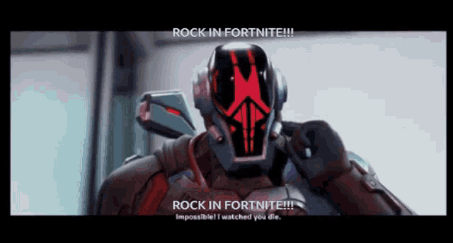 a video game character says " rock in fortnite !!! "
