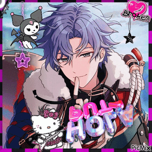 a picture of a boy with a hello kitty and the word hot