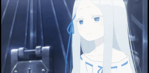 a girl with white hair and blue eyes is looking at something