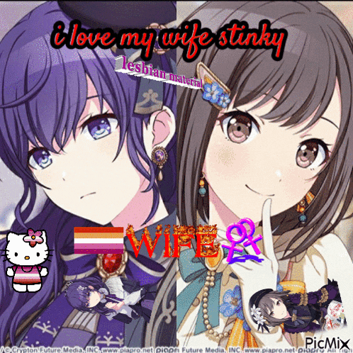 a picture of two anime girls with the words " i love my wife stinky "