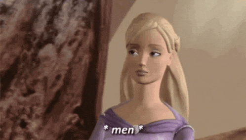 a barbie doll in a purple dress is talking to a man .