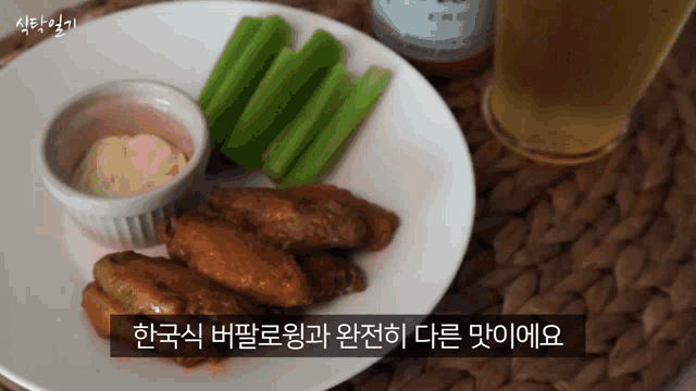 a white plate topped with chicken wings and celery
