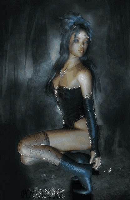 a woman with blue hair is kneeling down in a dark room with a watermark that says 00