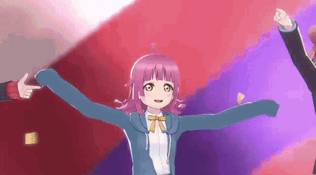 a girl with pink hair is dancing in front of a red background